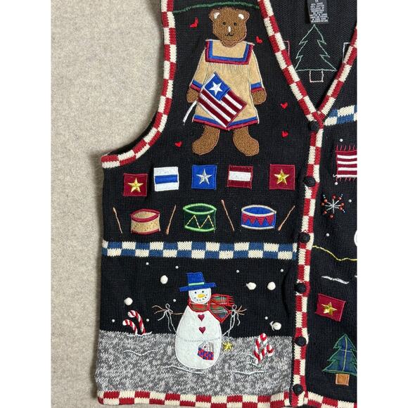 Americana Christmas Sweater Vest Black Vtg Plus 1X Country Santa Bear Snowman - Picture 5 of 9